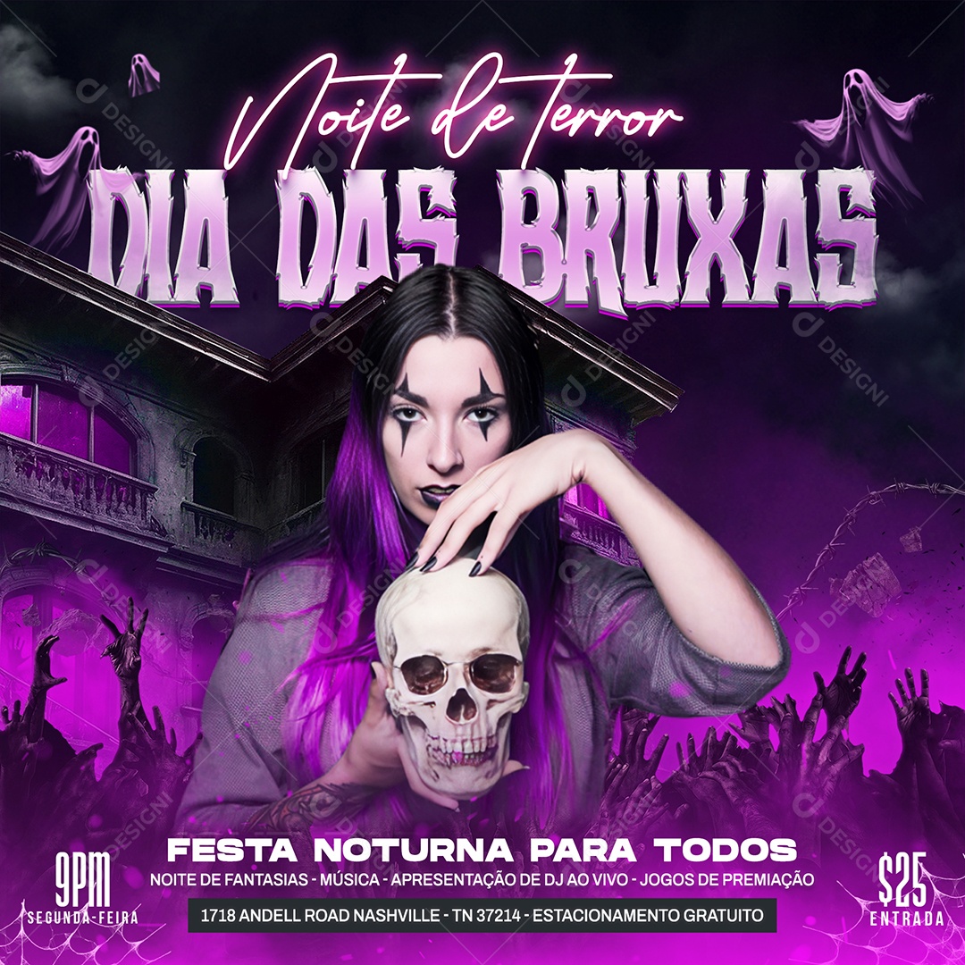 Flyer Dia das Bruxas Noite de Terror Social Media PSD Editável