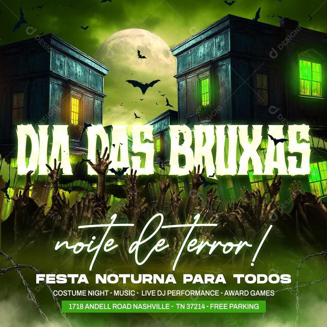 Flyer Dia das Bruxas Noite de Terror Festa Noturna Social Media PSD Editável