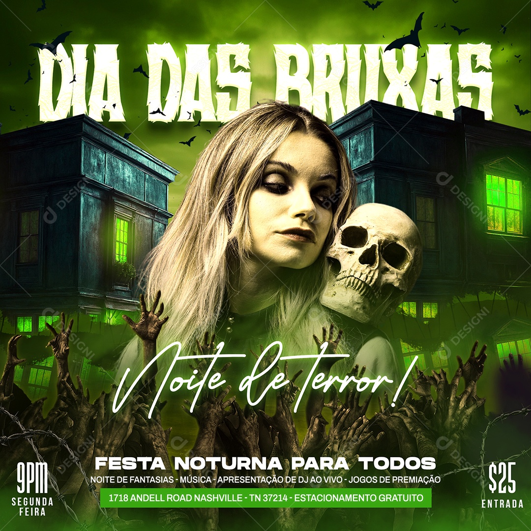 Flyer Dia das Bruxas 31 de Outubro Noite de Terror Social Media PSD Editável
