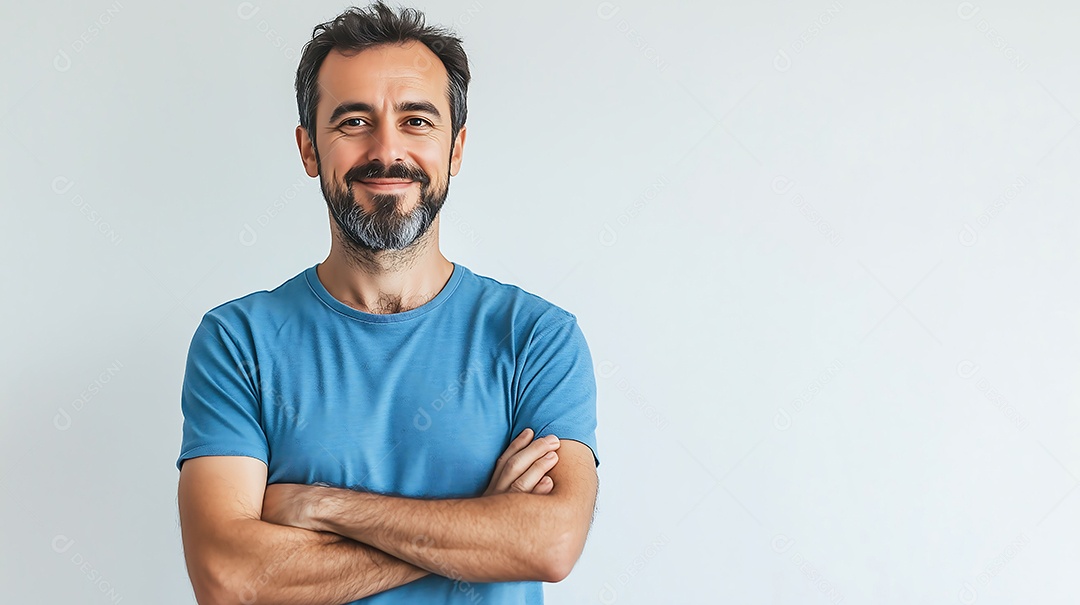 Homem de braço cruzados feliz com camiseta azul