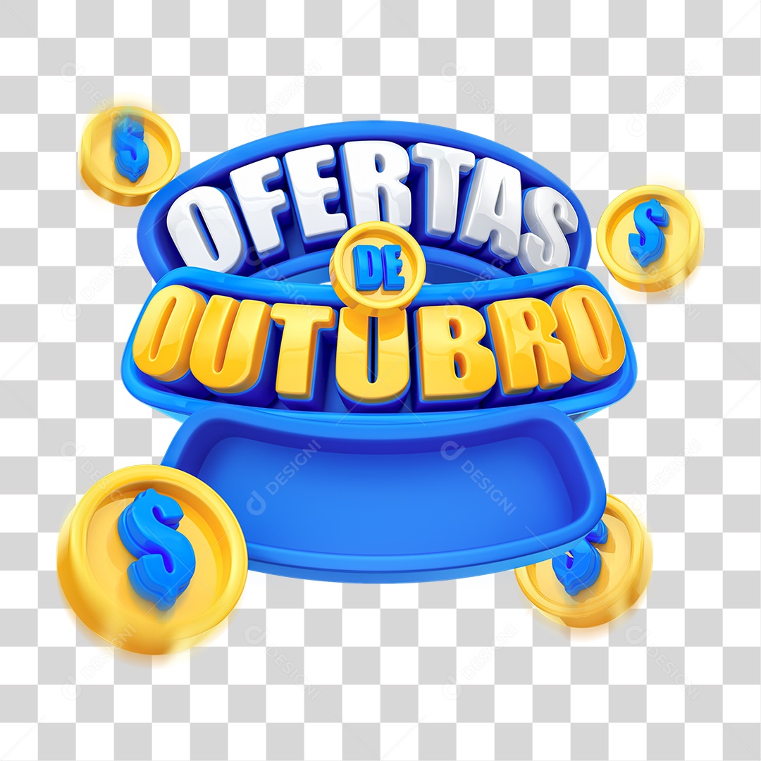 Ofertas de Outubro Selo 3D Azul e Amarelo para Composição PNG Transparente