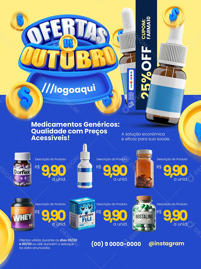 Outubro de Ofertas Farmácia Encarte Medicamentos Genéricos Social Media PSD Editável