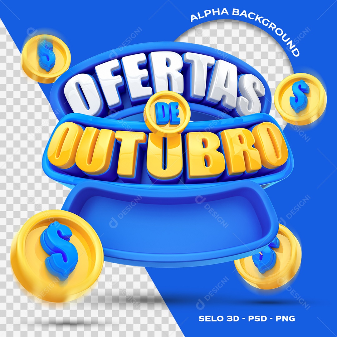 Ofertas de Outubro Selo 3D Azul e Amarelo para Composição PSD
