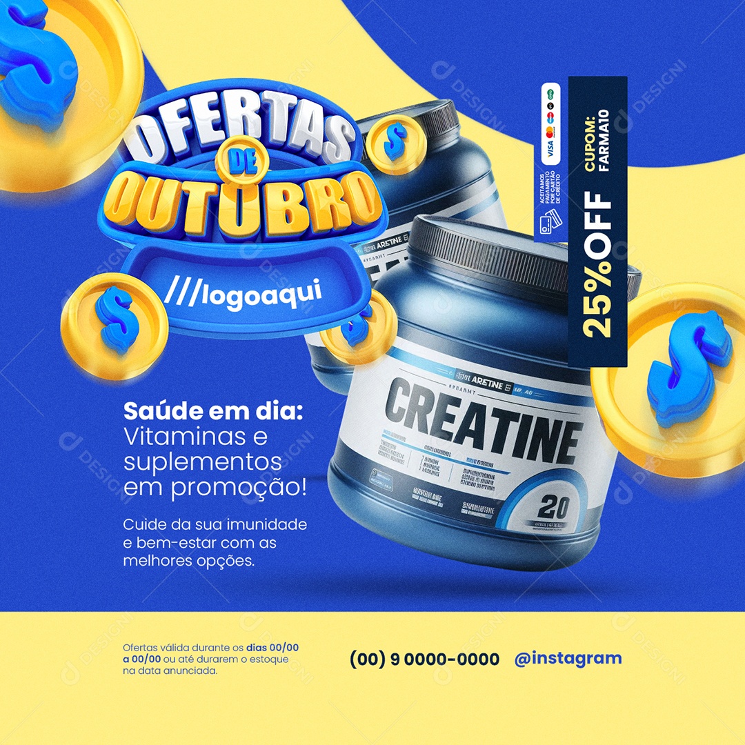 Outubro de Ofertas Farmácia Saúde em Dia Vitaminas e Suplementos Social Media PSD Editável