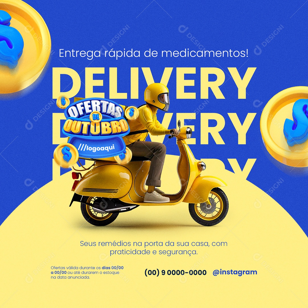 Outubro de Ofertas Farmácia Entrega Rápida de Medicamentos Social Media PSD Editável