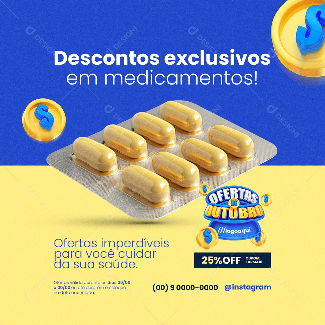 Outubro de Ofertas Farmácia Descontos Exclusivos em Medicamentos Social Media PSD Editável