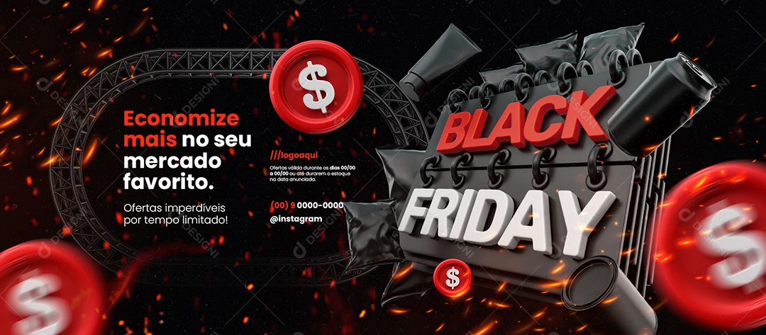 Banner Black Friday Supermercado Economize Mais Social Media PSD Editável