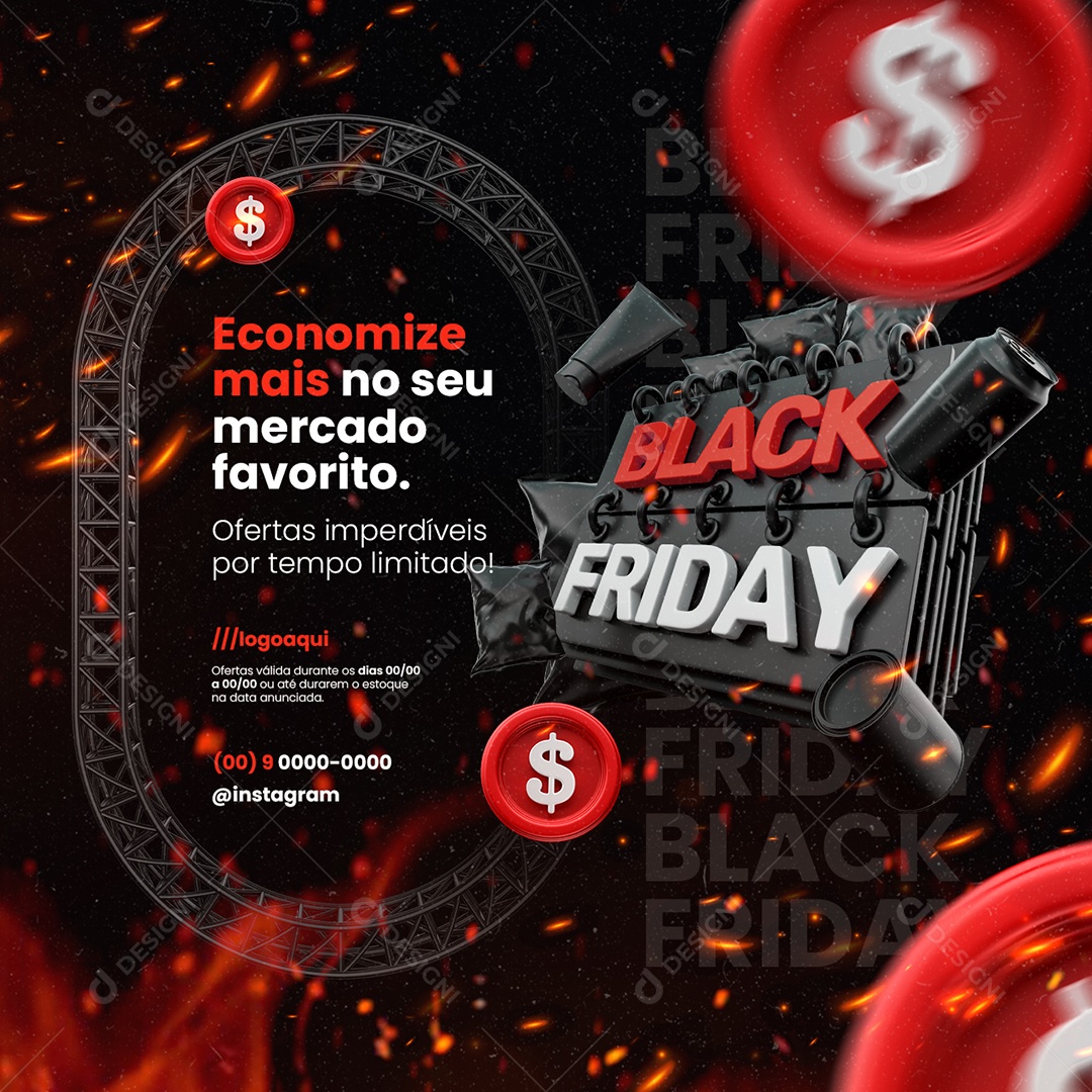Black Friday Supermercado Economize Mais Social Media PSD Editável