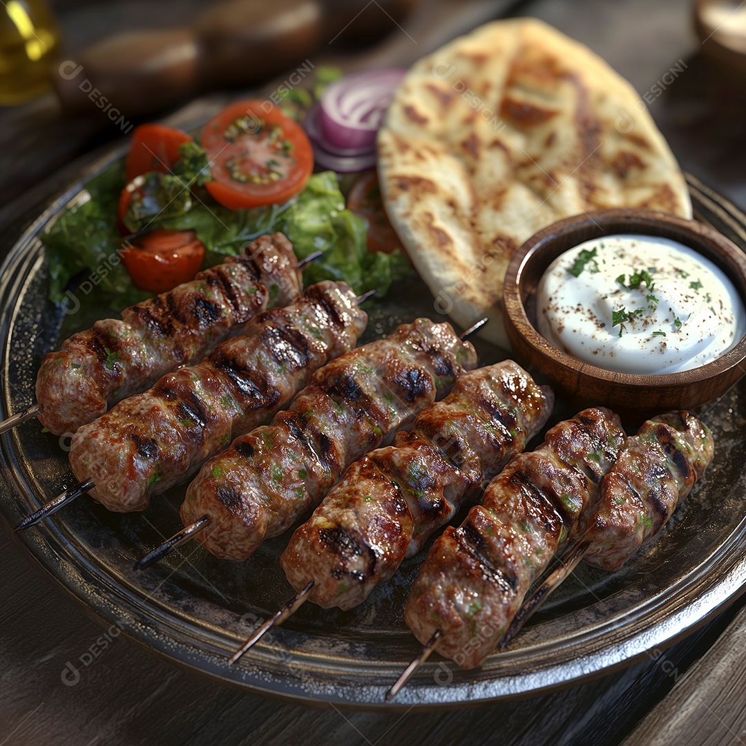 Delíciosos espetinhos de carne com acompanhamentos sobre mesa de madeira