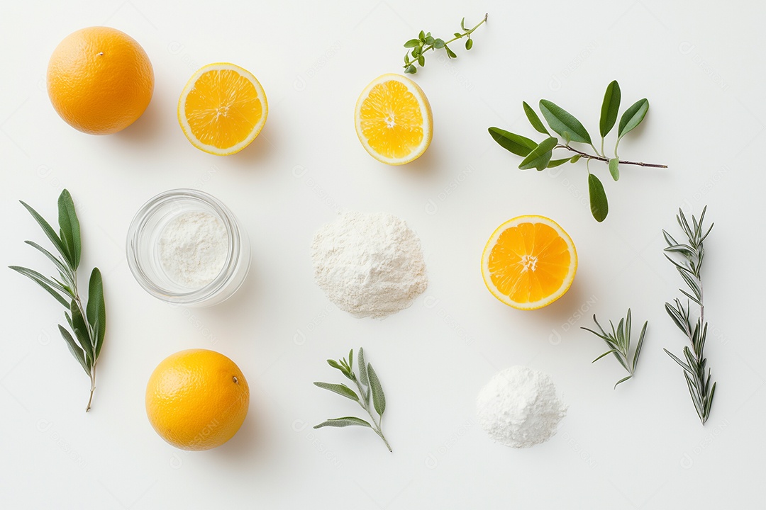 Frasco de produtos de limpeza naturais ecológicos com bicarbonato de sódio fatias de laranja  sobre piso branco isolado