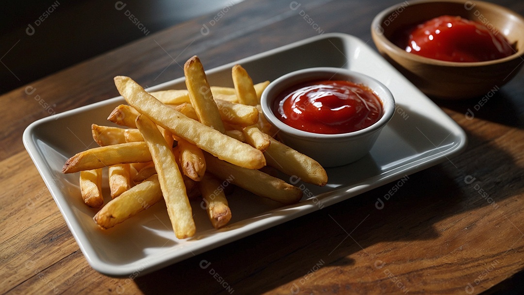Delíciosa batata frita com acompanhamento ket-chup sobre mesa de madeira
