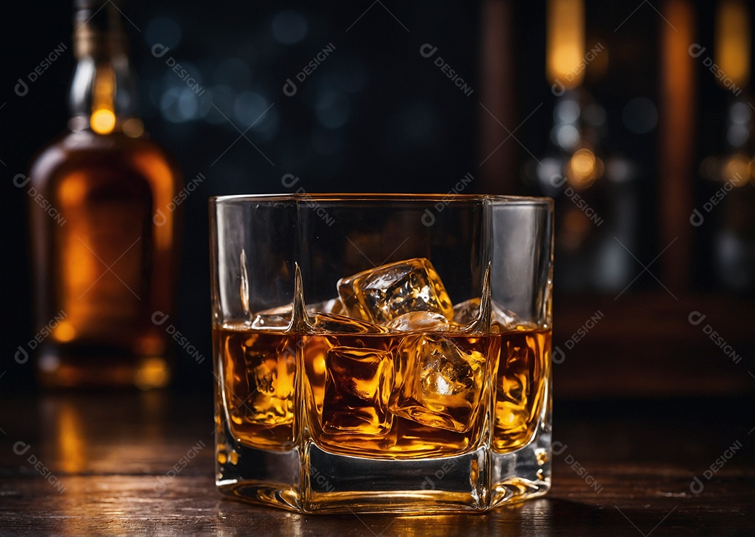 Delícioso whisky com pedras de gelo sobre fundo desfocado