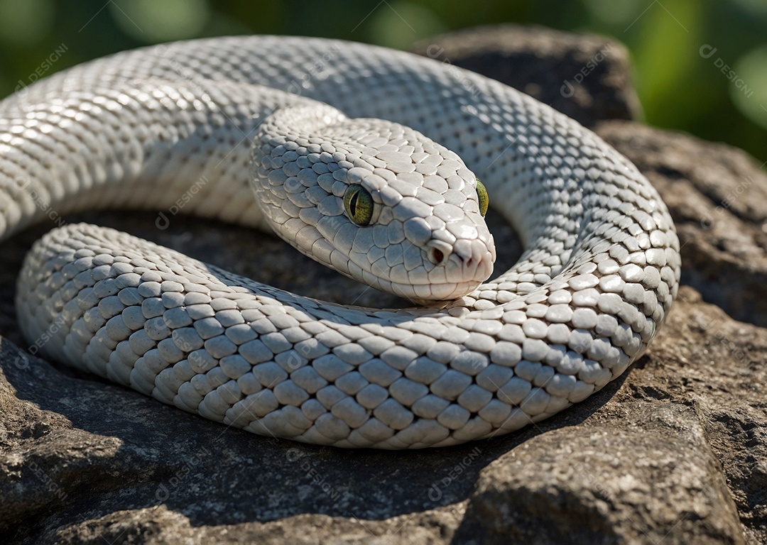 Linda cobra coloração cinza enrolada sobre uma pedra