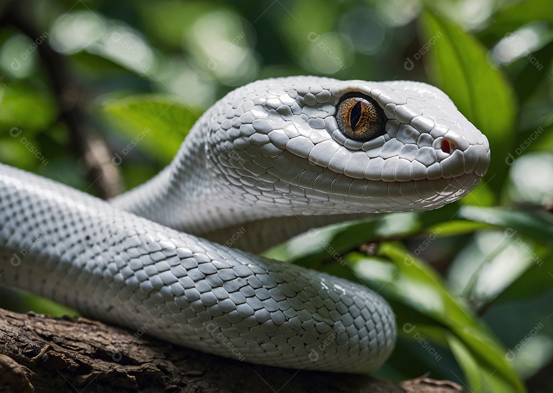 Linda cobra coloração cinza enrolada sobre uma árvore