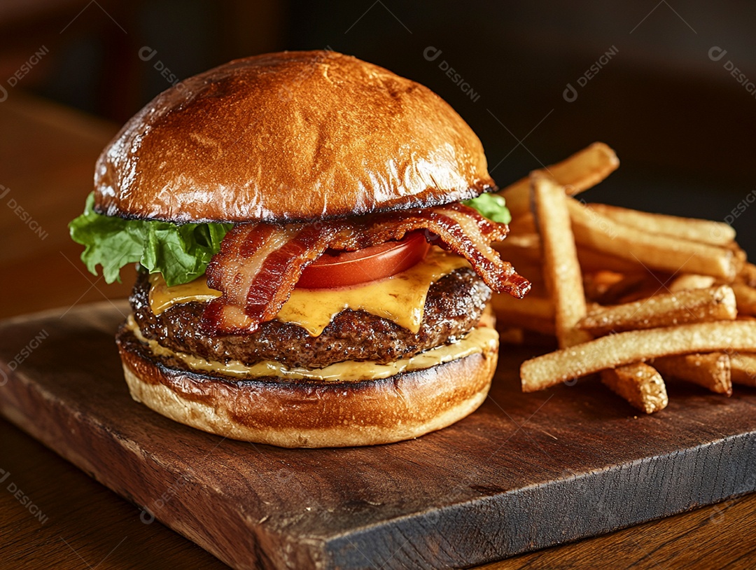 Delícioso hamburguer com batata frita de acompanhamento sobre tábua de madeira