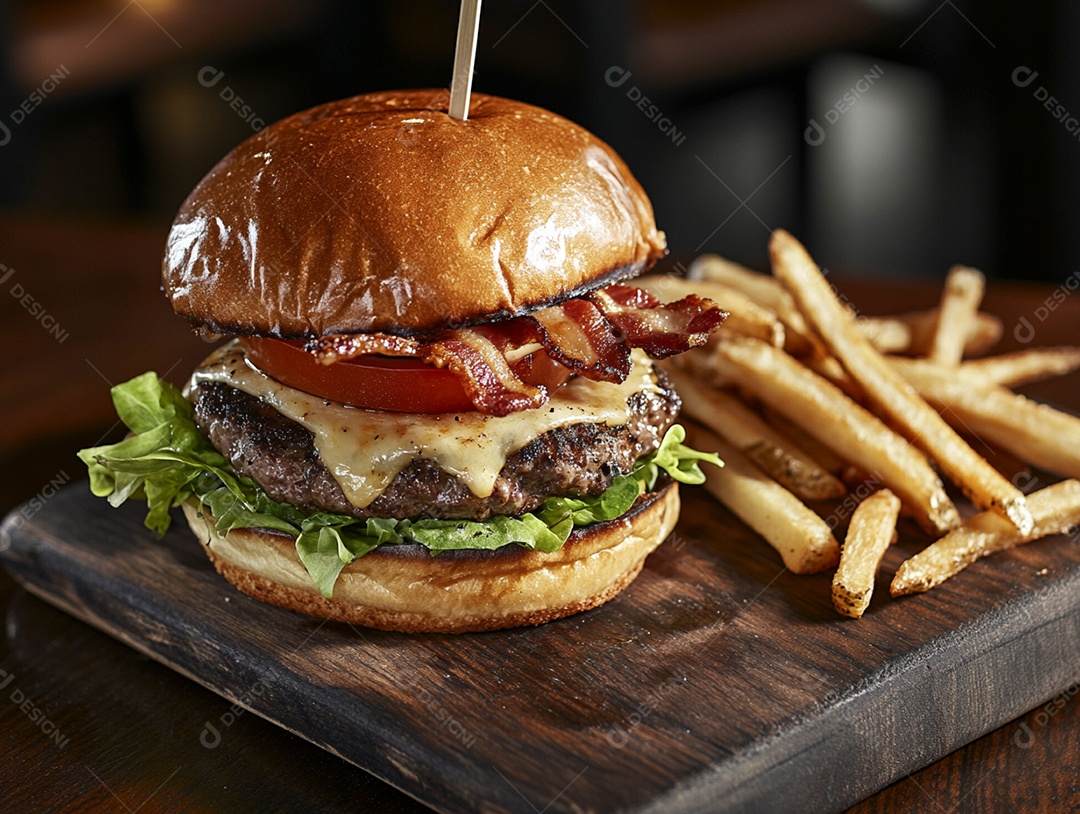 Delícioso hamburguer com batata frita de acompanhamento sobre tábua de madeira