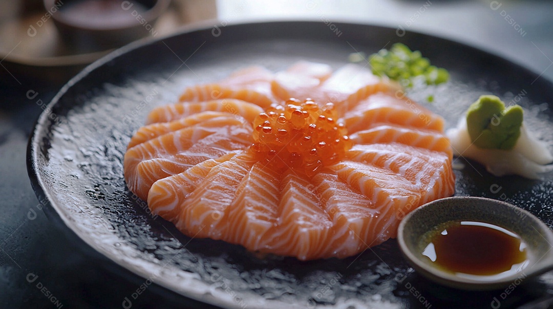 Delíciosas filé de salmão com acompanhamento de molho shoyu sobre forma de ferro fundo desfocado