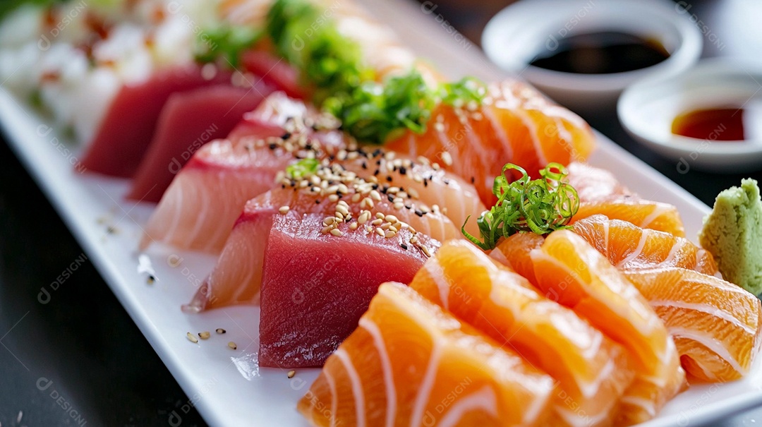 Delíciosas filé de salmão com acompanhamento de molho shoyu sobre forma de ferro fundo desfocado