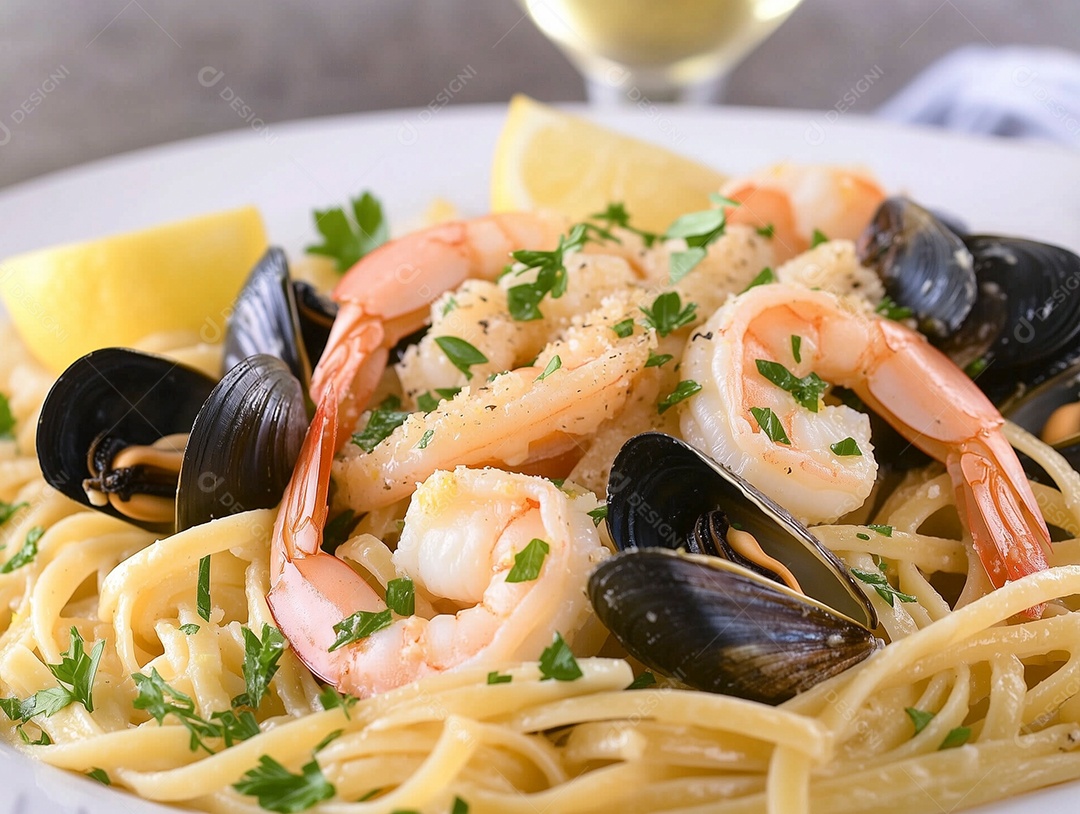 Tigela de massas gourmet de frutos do mar