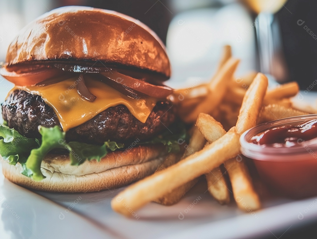 Delícioso hamburguer com batata frita de acompanhamento sobre tábua de madeira