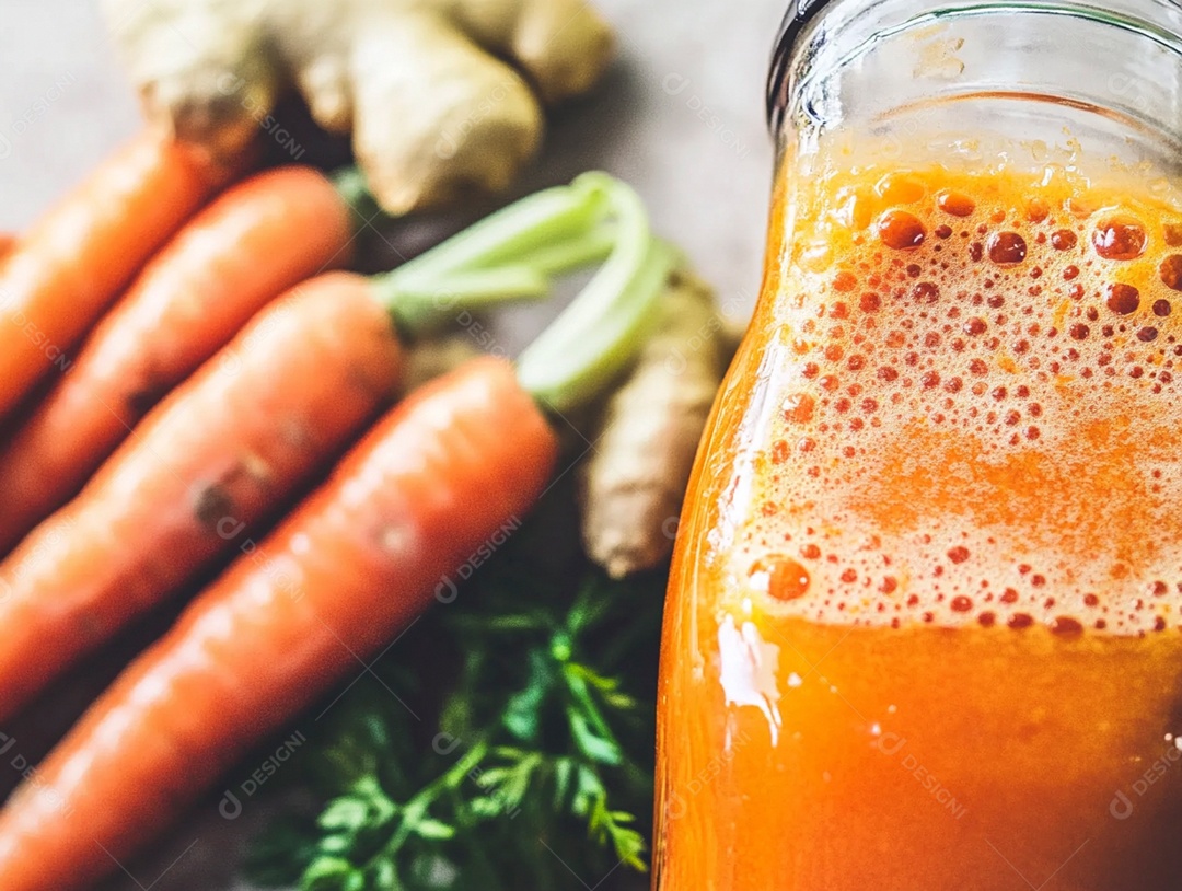 Suco de cenoura em vidro e jarro e cenouras frescas