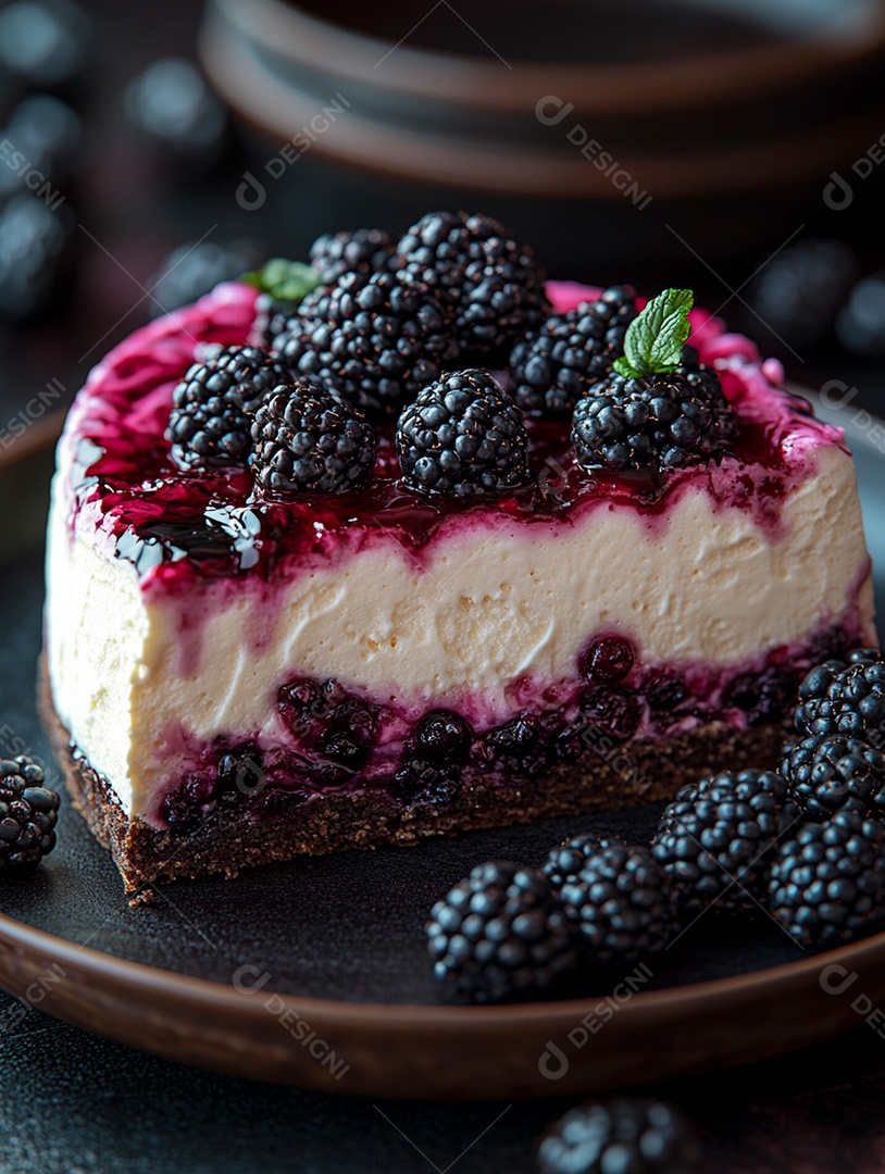 Linda fatia de bolo de amora sobre fundo isolado