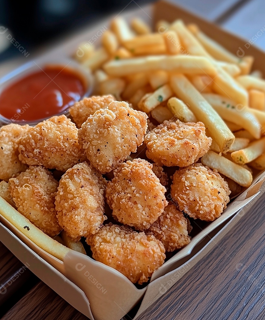 Nuggets de frango com batata frita sobre mesa de madeira
