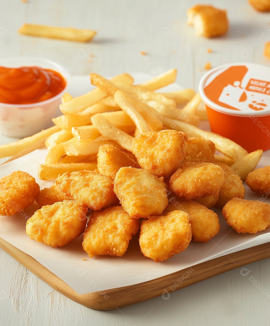 Nuggets de frango com batata frita sobre mesa de madeira