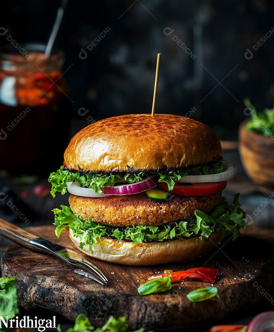 Hambúrguer grande recheado com carne de frango e salada em uma placa de madeira