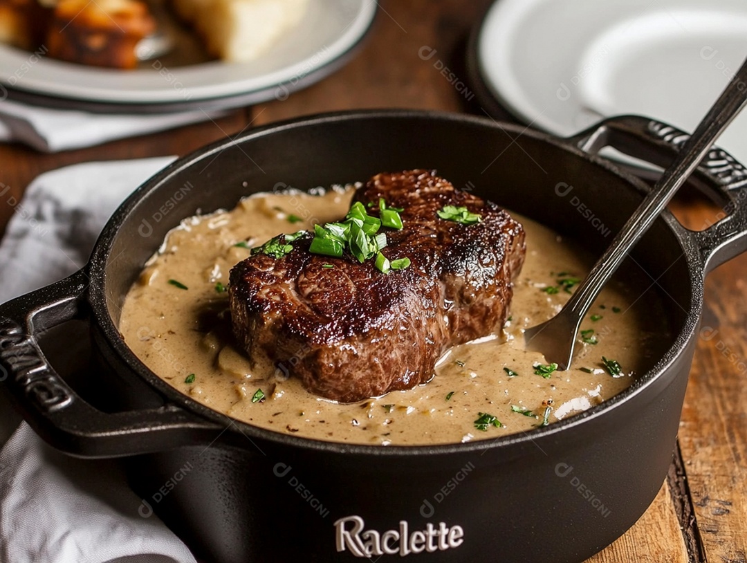 Filé ao molho madeira e champignons sobre mesa de madeira