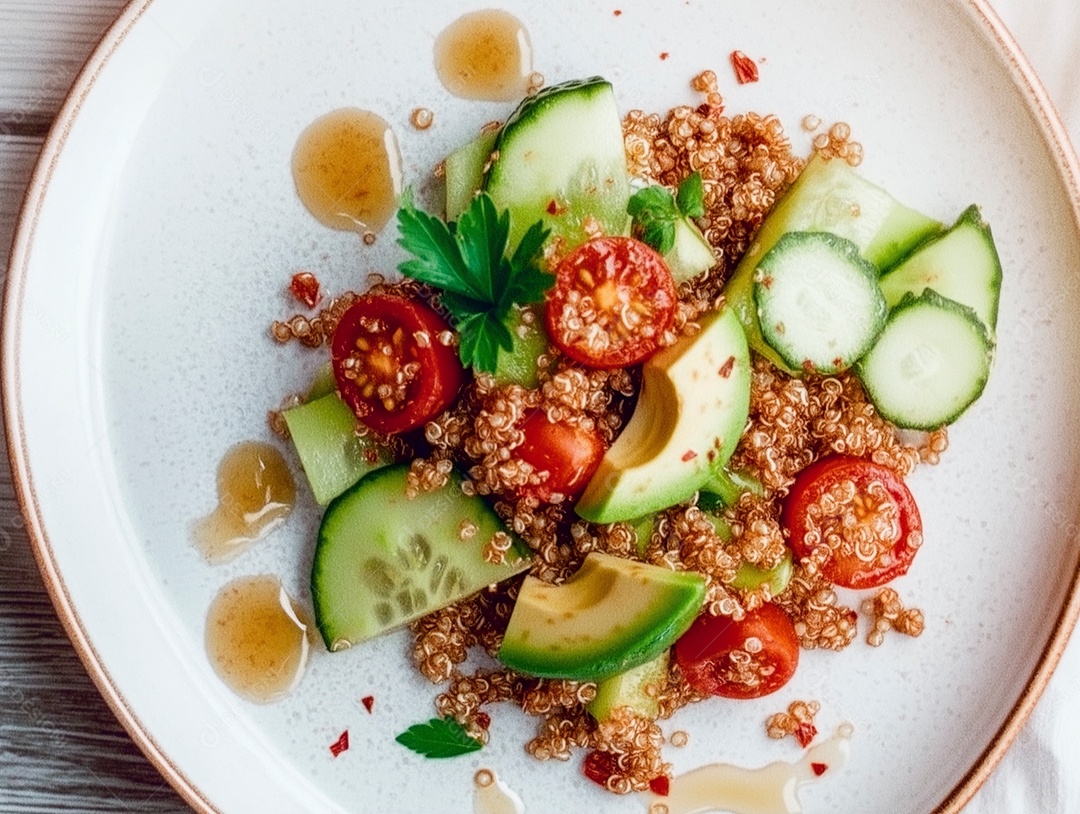 Legumes de verão saudáveis e brilhantes em deliciosa salada de quinoa caseira sobre prato branco