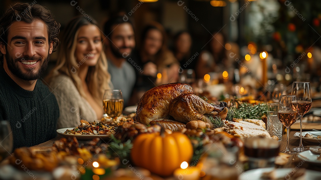 Lindo jantar em familía com um grande banquete sobre mesa de madeira