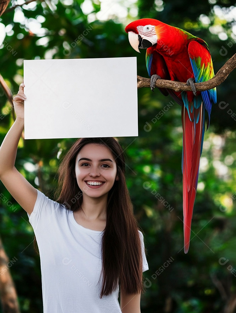 Linda mulher sorridente de blusa branca segurando cartão em branco ao lado de arara sobre uma galho de uma árvore