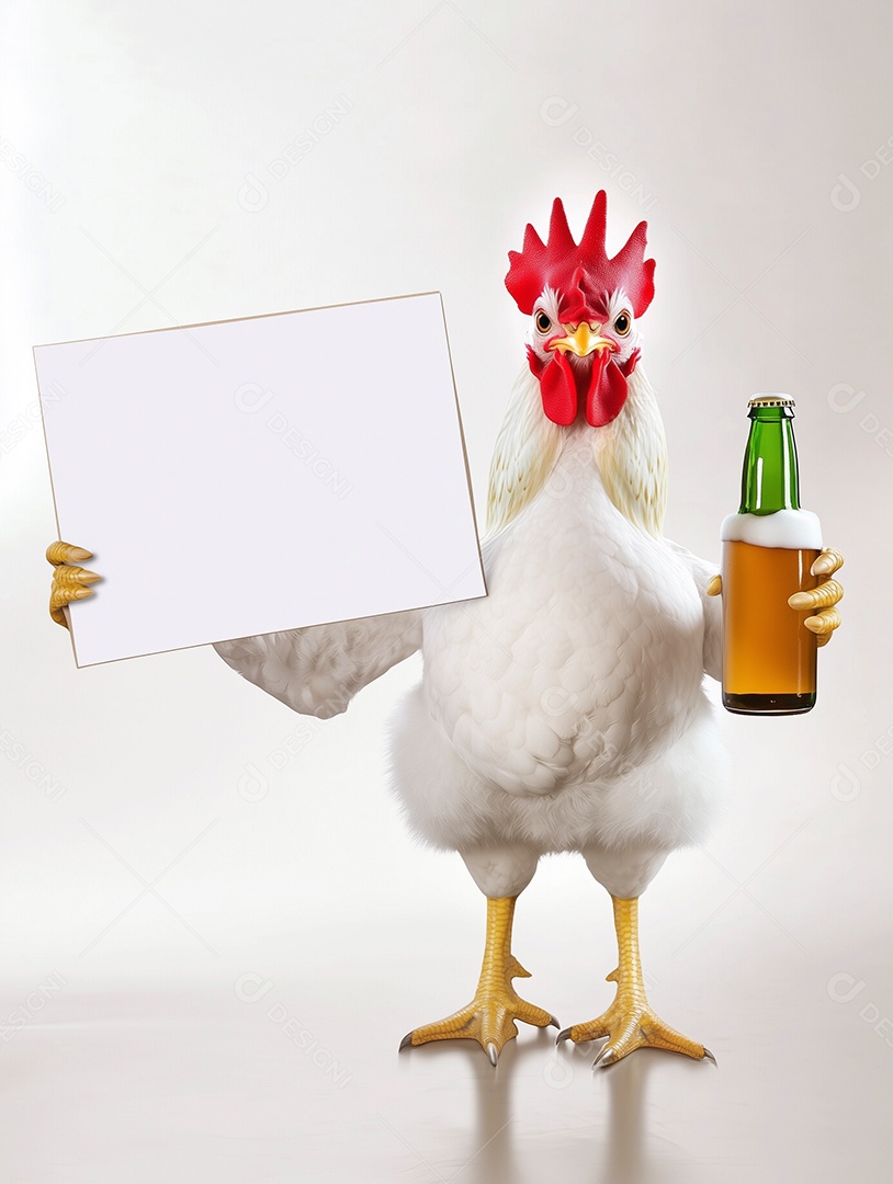 Lindo galho branco segurando cartão em branco e bebida alcoólica sobre fundo branco isolado