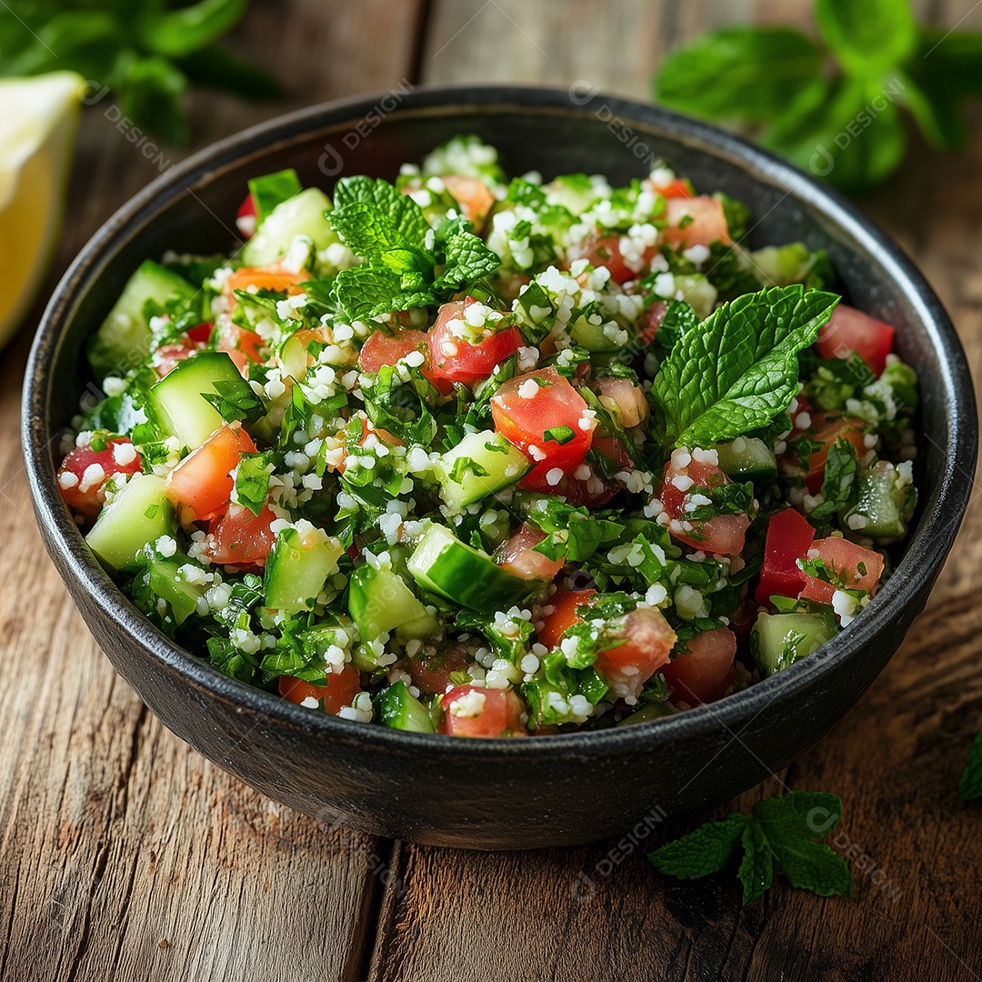 Legumes de verão saudáveis e brilhantes em deliciosa salada de quinoa caseira sobre mesa de madeira