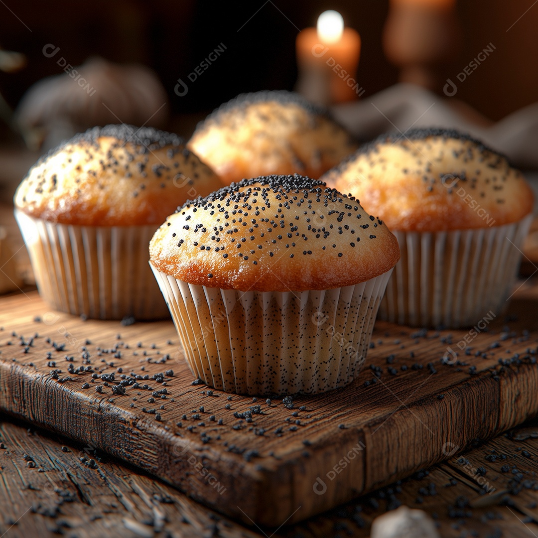 Muffin de semente de papoula com sementes espalhadas ao redor sobre tabúa de madeira