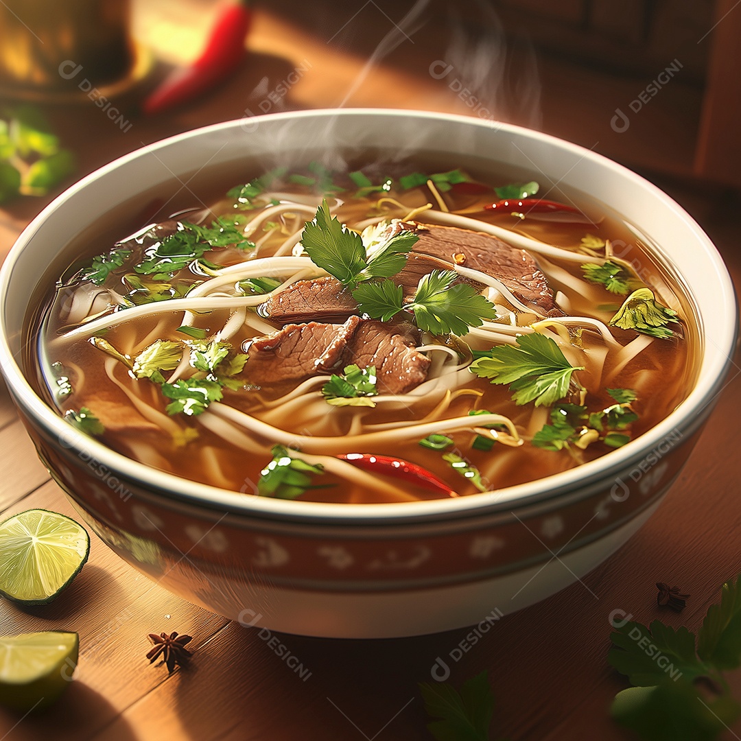 Delíciosa sopa quente com carne em tigela branca sobre mesa de madeira