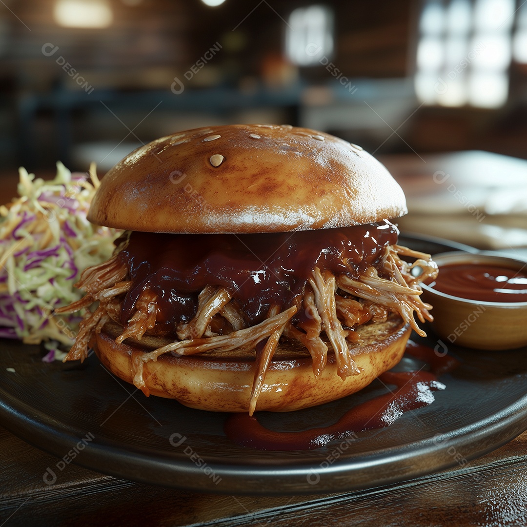 Delícioso hamburguer de carne desfiada com molho sobre disco de madeira