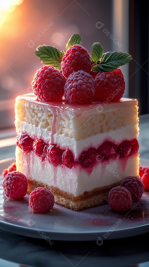 Delíciosa fatia de bolo de framboesa com queijo sobre fundo desfocado