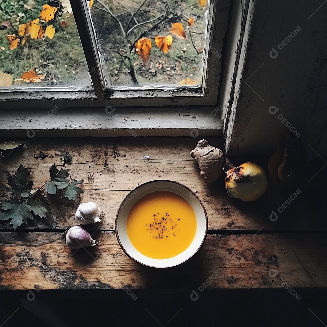 Delíciosa sopa de abrobóra com cebola e folhas ao redor sobre uma mesa de madeira