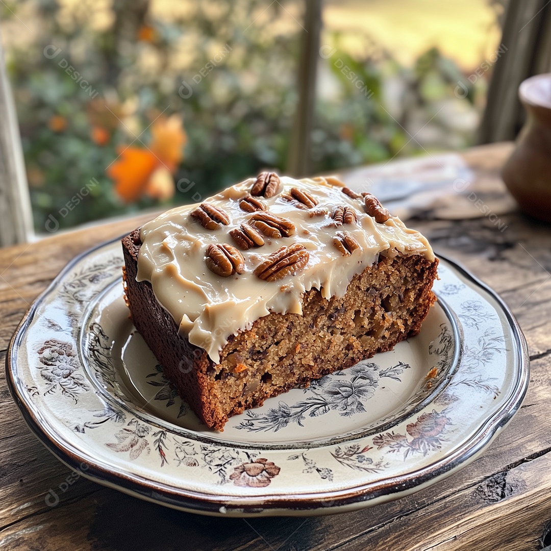 Delíciosa fatia de bolo com cobertura de café sobre uma mesa de madeira