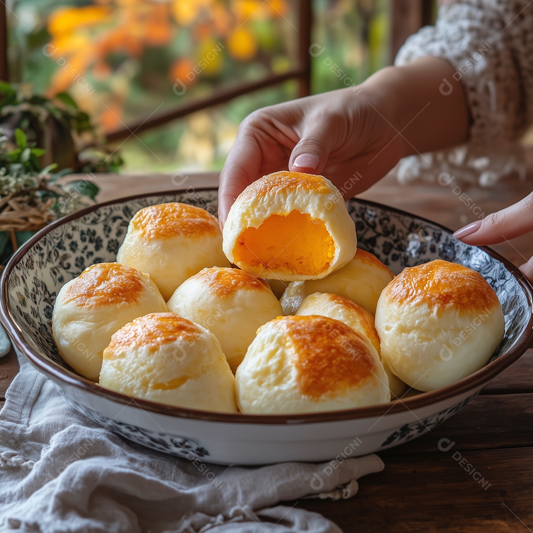 Mão de mulher segurando bandeija com pães de queijo delíciosos sobre uma mesa de madeira