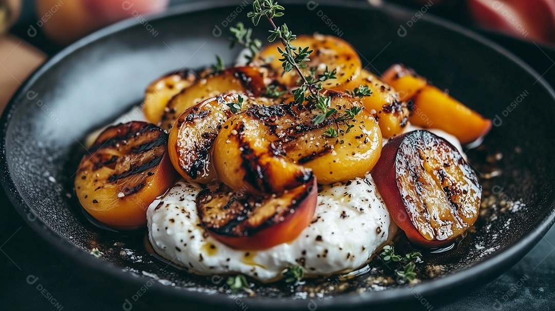 Queijo macio Burrata e pêssegos grelhados com manjericão e pinhões regados com mel sobre uma frigideira de ferro preta