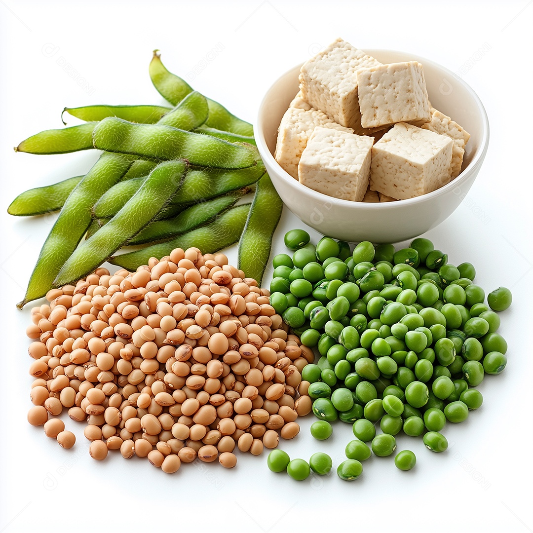 Variedades de ervilha em grãos maduro grãos verde baja em tofu sobre fundo branco isolado