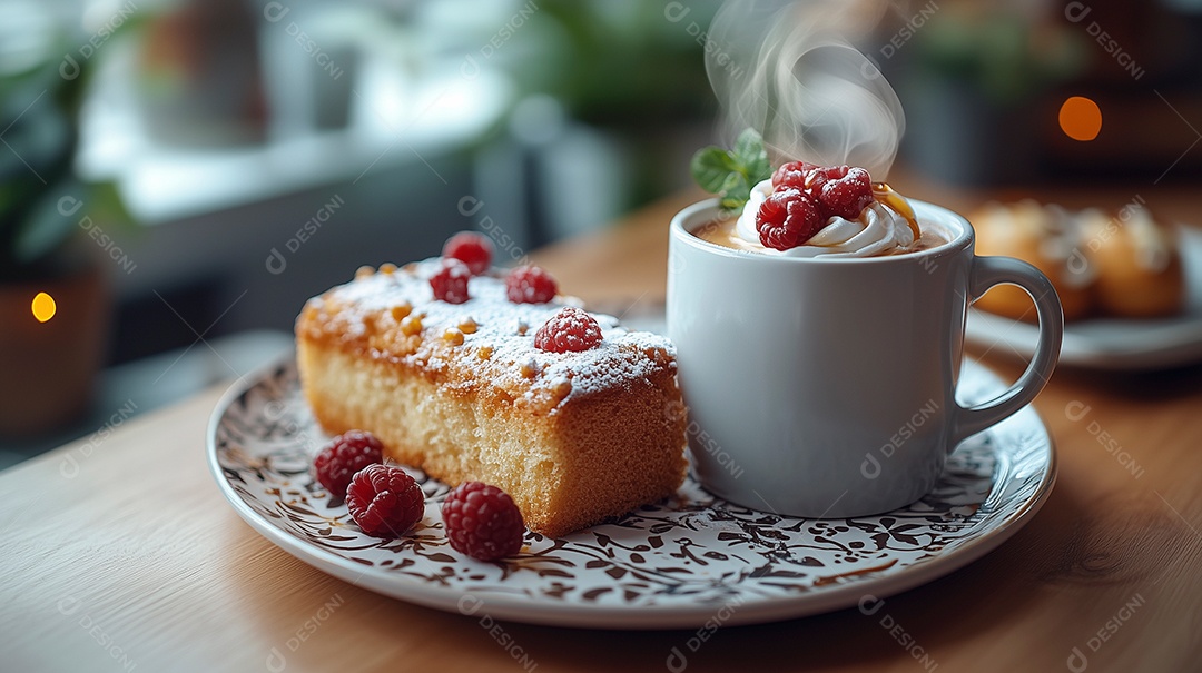 Lindo café da manhã com bolo e cappuccino sobre mesa de madeira