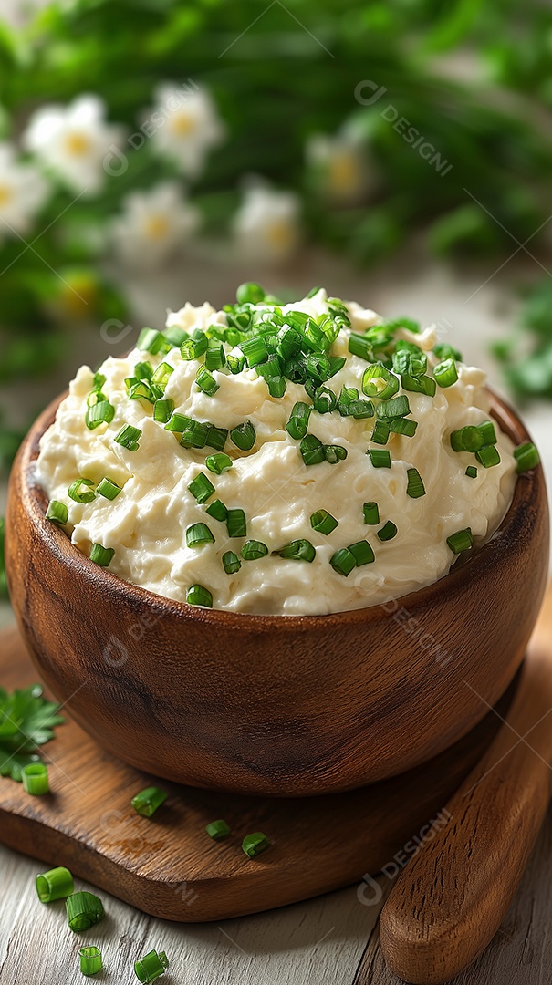 Delícioso patê com salsa verde sobre tijela de madeira sobre fundo desfocado