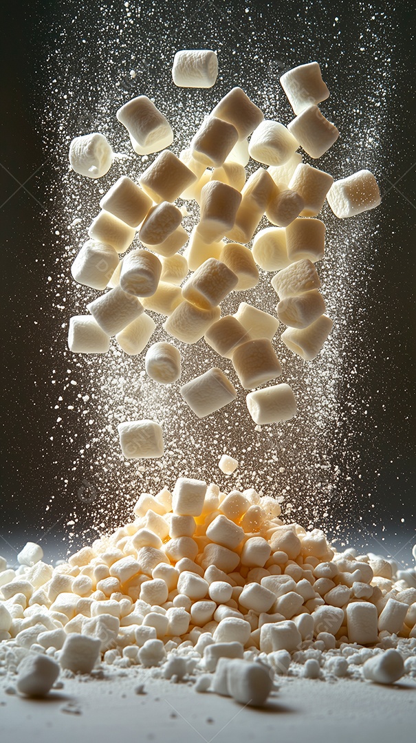 Grande pilha de marshmallows caindo sobre fundo isolado