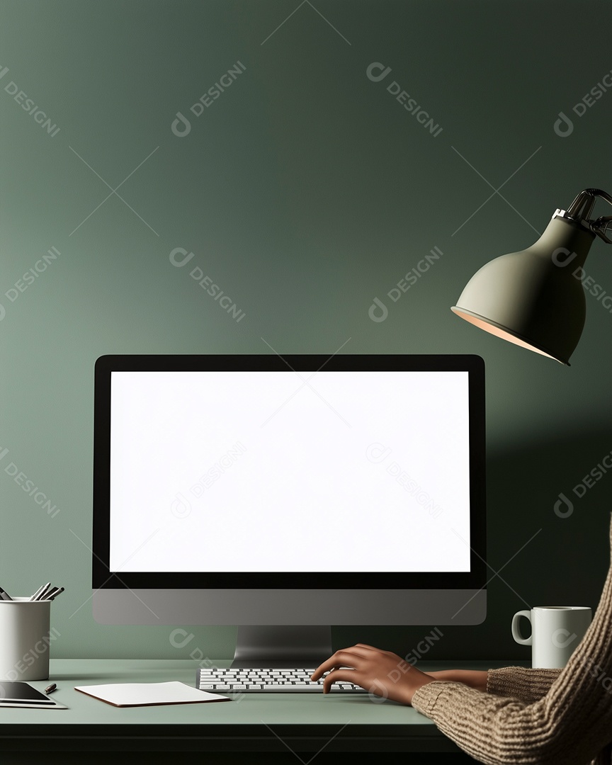 Mão de empresária digitando manualmente em computador sobre fundo isolado