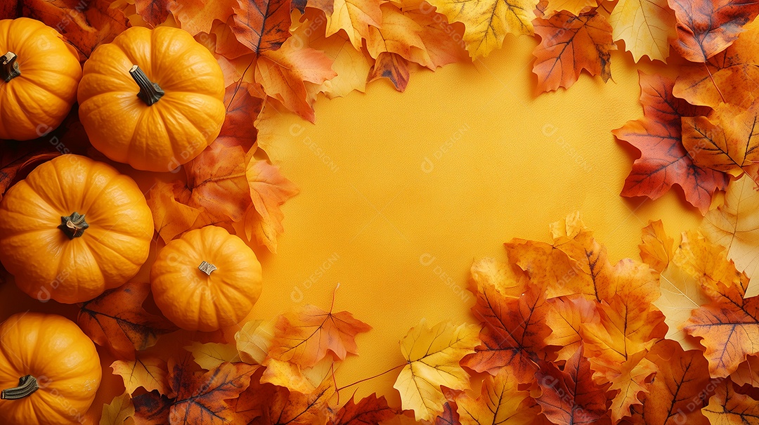 Visão ampla de abóbora ao redor de folhas sobre chão amarelo isolado