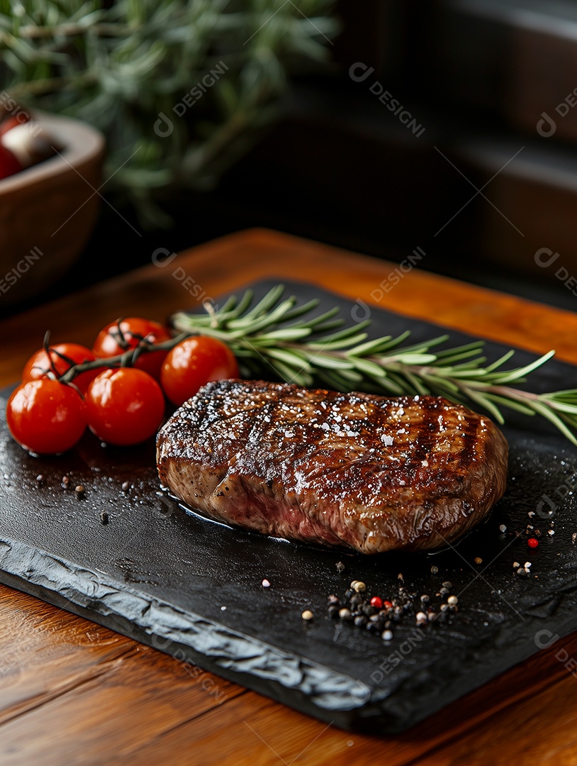 Saboroso filé de carne assada sobre tábua de madeira sobre fundo isolado